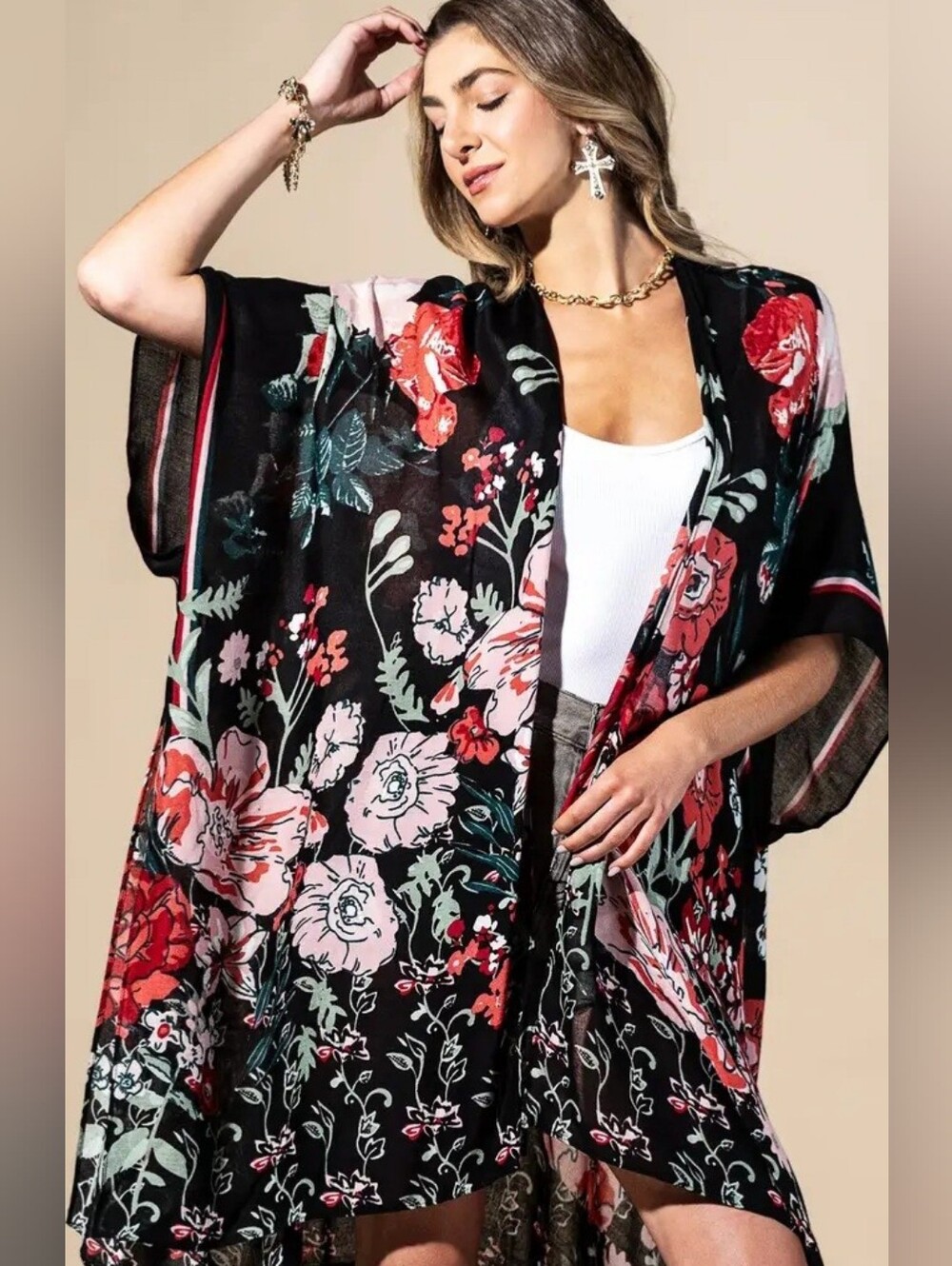 Floral Black Kimono Duster with Red & Pink Blooms - Picture 2 of 3